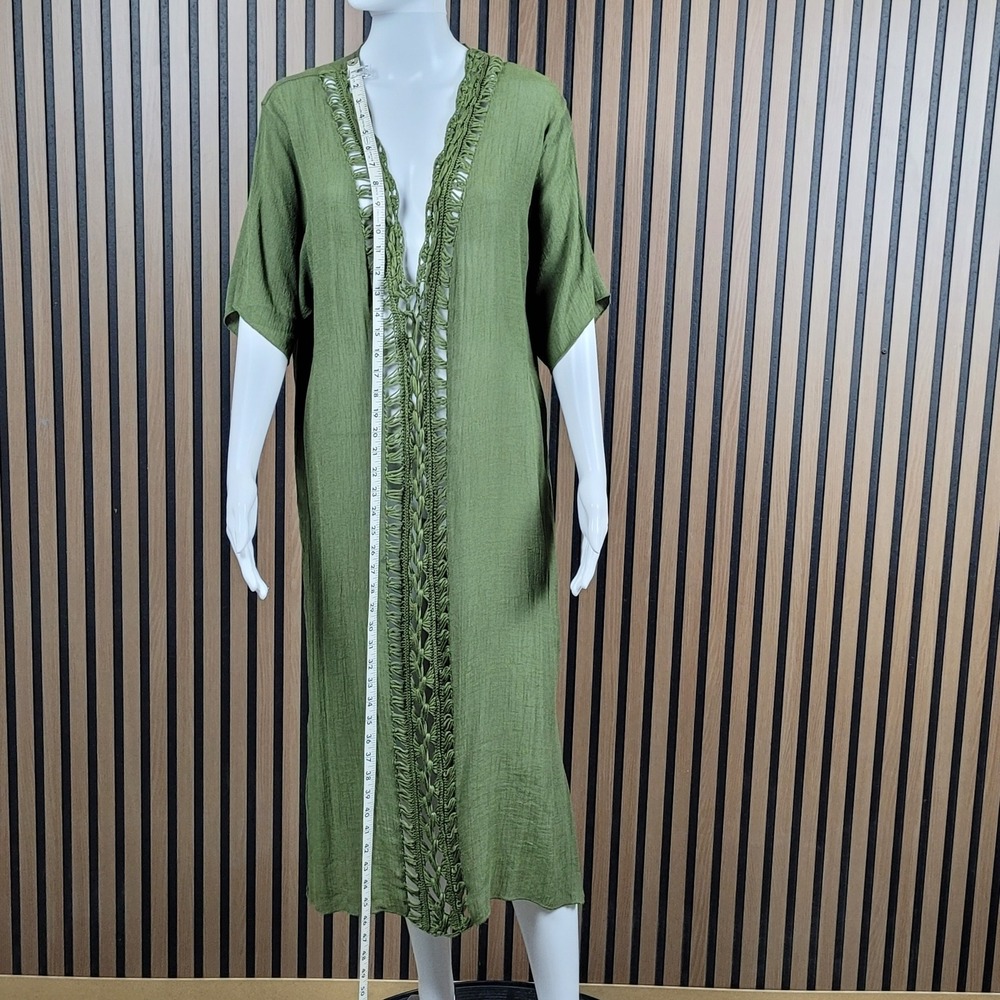 Olive Green Swim Coverup Crochet Lace Trim V-Neck Midi 0XL - Picture 3 of 8